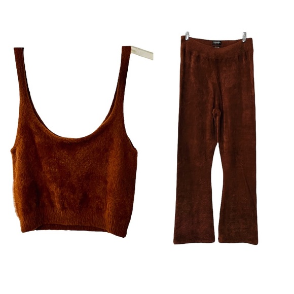 Carbon 38 Fuzzy Matching Crop Top and Pants Set M Brown - Picture 1 of 16